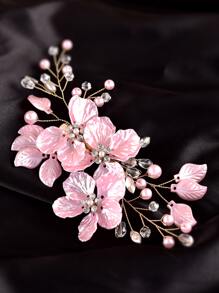 1件女士金色線條與粉色花朵水鑽裝飾髮夾，日常使用優雅波西米亞風 - 粉色 - 查看 3