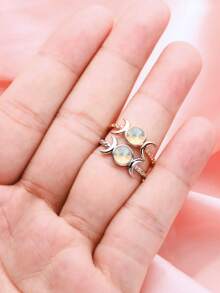 Bohemia Full Moon Round Color Change Simulated Opal October Birthstone Solid 925 Sterling Silver Adjustable Ring Gift for Women - Silver - View 2