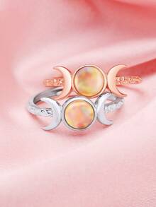 Bohemia Full Moon Round Color Change Simulated Opal October Birthstone Solid 925 Sterling Silver Adjustable Ring Gift for Women - Silver - View 5