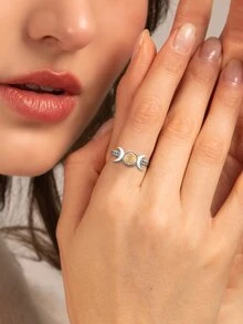 Bohemia Full Moon Round Color Change Simulated Opal October Birthstone Solid 925 Sterling Silver Adjustable Ring Gift for Women - Silver - View 3