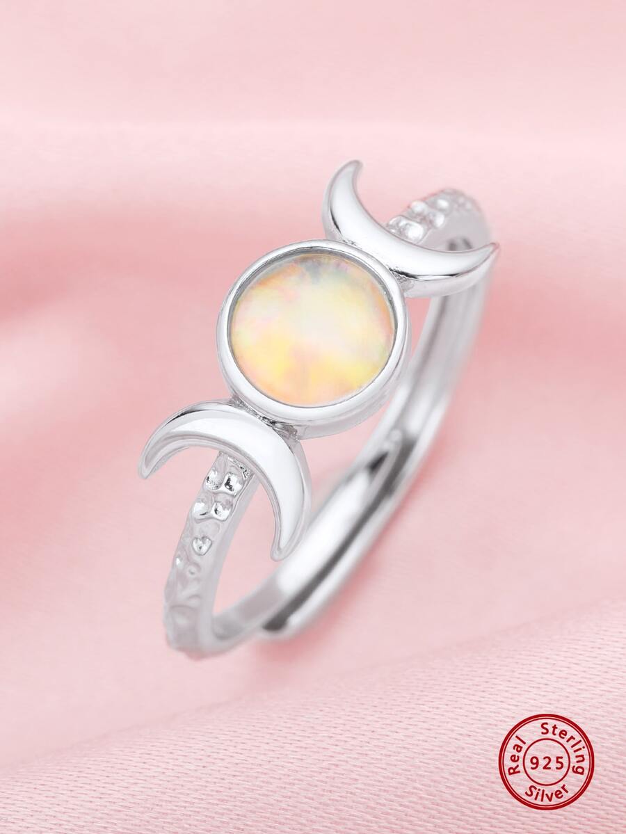 Bohemia Full Moon Round Color Change Simulated Opal October Birthstone Solid 925 Sterling Silver Adjustable Ring Gift for Women - Silver - View 1