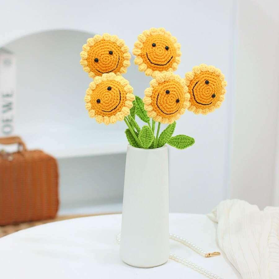 3入組鉤織微笑向日葵、diy手工編織模擬花束、羊毛製花卉家飾、節日派對用品、婚禮裝飾、家居裝飾、景觀道具 - 黃色 - 查看 1