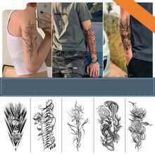 防水臨時紋身貼線條玫瑰牡丹蛇閃光紋身簡約花朵人體藝術手臂假袖紋身女 - 灰色 - 查看 2