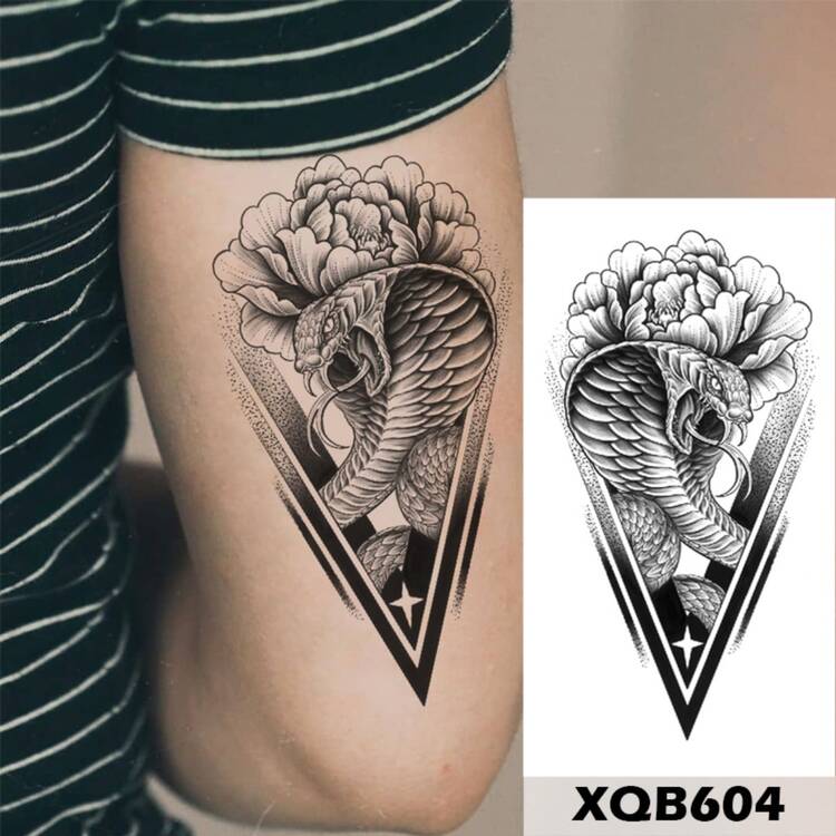 防水臨時紋身貼線條玫瑰牡丹蛇閃光紋身簡約花朵人體藝術手臂假袖紋身女 - 灰色 - 查看 4