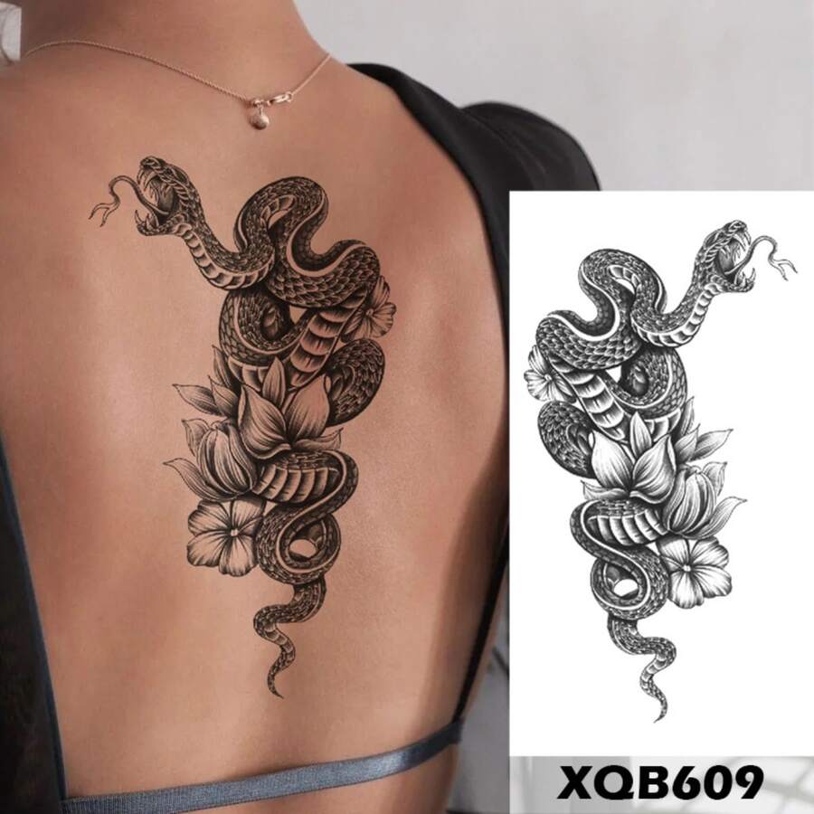 防水臨時紋身貼線條玫瑰牡丹蛇閃光紋身簡約花朵人體藝術手臂假袖紋身女 - 灰色 - 查看 1