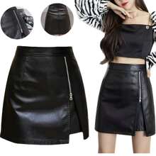 Short Black Leather Skirt Sexy Beautiful Elegant Pencil Type - Black - View 1
