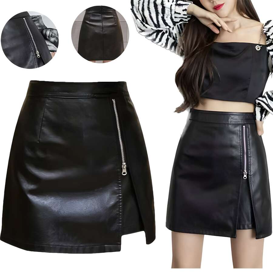 Short Black Leather Skirt Sexy Beautiful Elegant Pencil Type - Black - View 1