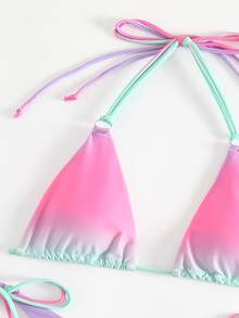 Conjunto de bikini de triángulo con tiras halter y tanga en degradado, bikini de vacaciones para playa de verano - Multicolor - Ver 5