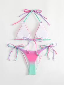 Conjunto de bikini de triángulo con tiras halter y tanga en degradado, bikini de vacaciones para playa de verano - Multicolor - Ver 4