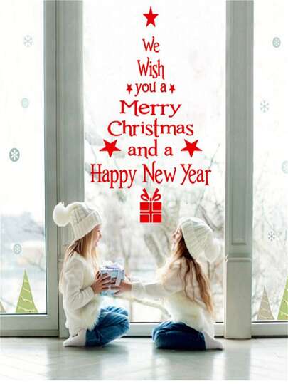 TYFYO 1pc Removable Christmas Tree & Letter Diy Window Sticker Decal For Shop Glass Showcases, New Year Decoration
