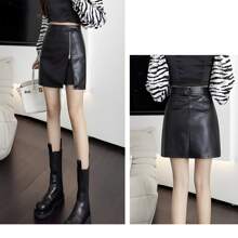 Short Black Leather Skirt Sexy Beautiful Elegant Pencil Type - Black - View 3