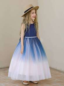 Tween Girls' Blue Evening Dress With Big Bow, Ruffled Long Skirt, Gradient Chiffon Skirt And Backless Design - Royal Blue - View 7