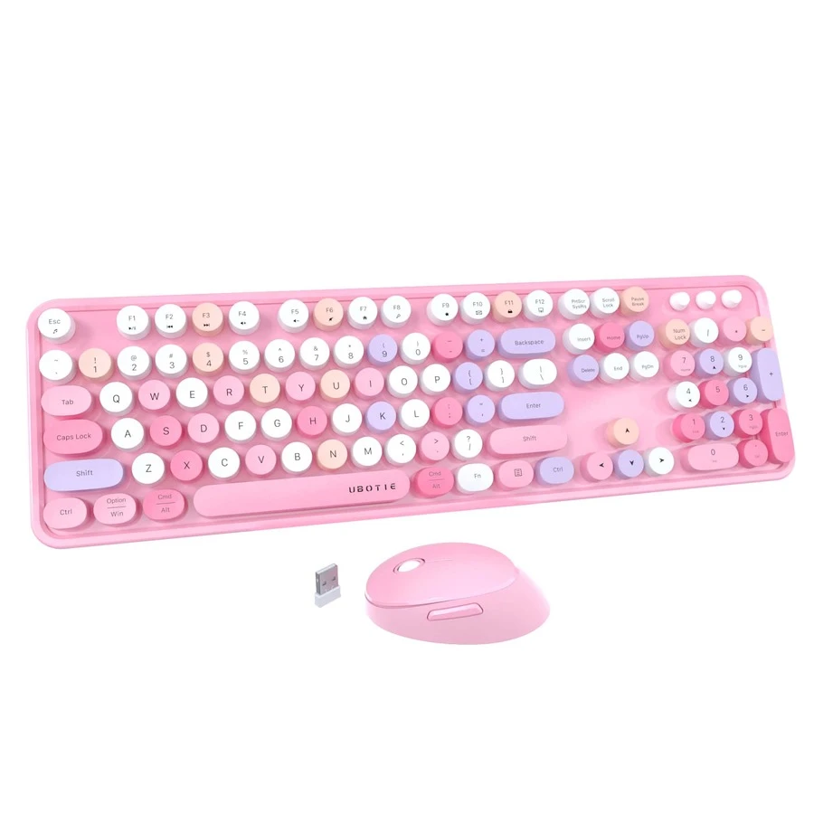 UBOTIE Colorful Computer Wireless Keyboards Mouse Combos, Typewriter Flexible Keys Office Full-Sized Keyboard, 2.4GHz Dropout-Free Connection and Optical Mouse - Pink Colorful - View 1