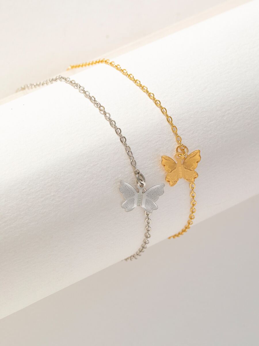 蝴蝶手链套装，双色蝴蝶吊坠，奢华个性化极简时尚小众系列 - 彩色 - 查看 1