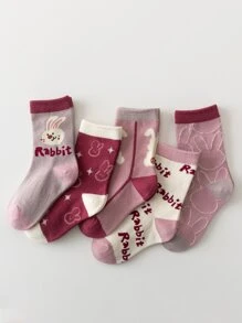 5 双闪光卡通兔子女童中筒袜，适合 1-2 岁、2-3 岁、3-8 岁、8-12 岁，秋冬季 - 彩色 - 查看 2