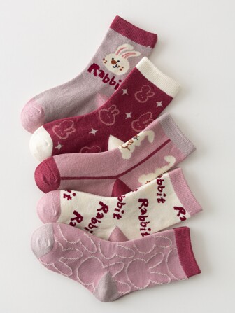5 Pairs Glitter Cartoon Rabbit Girls Mid-Calf Socks, Suitable For Ages 1-2, 2-3, 3-8, 8-12 Years Old, Autumn/Winter