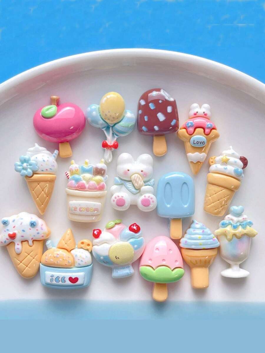 10 件隨機 Diy 兔子和冰淇淋設計樹脂配件,適用於耳環、髮夾、文具、手機殼、鑰匙扣、杯子、鞋飾、冰箱貼、珠寶材料和雙面膠帶 - 彩色 - 查看 1