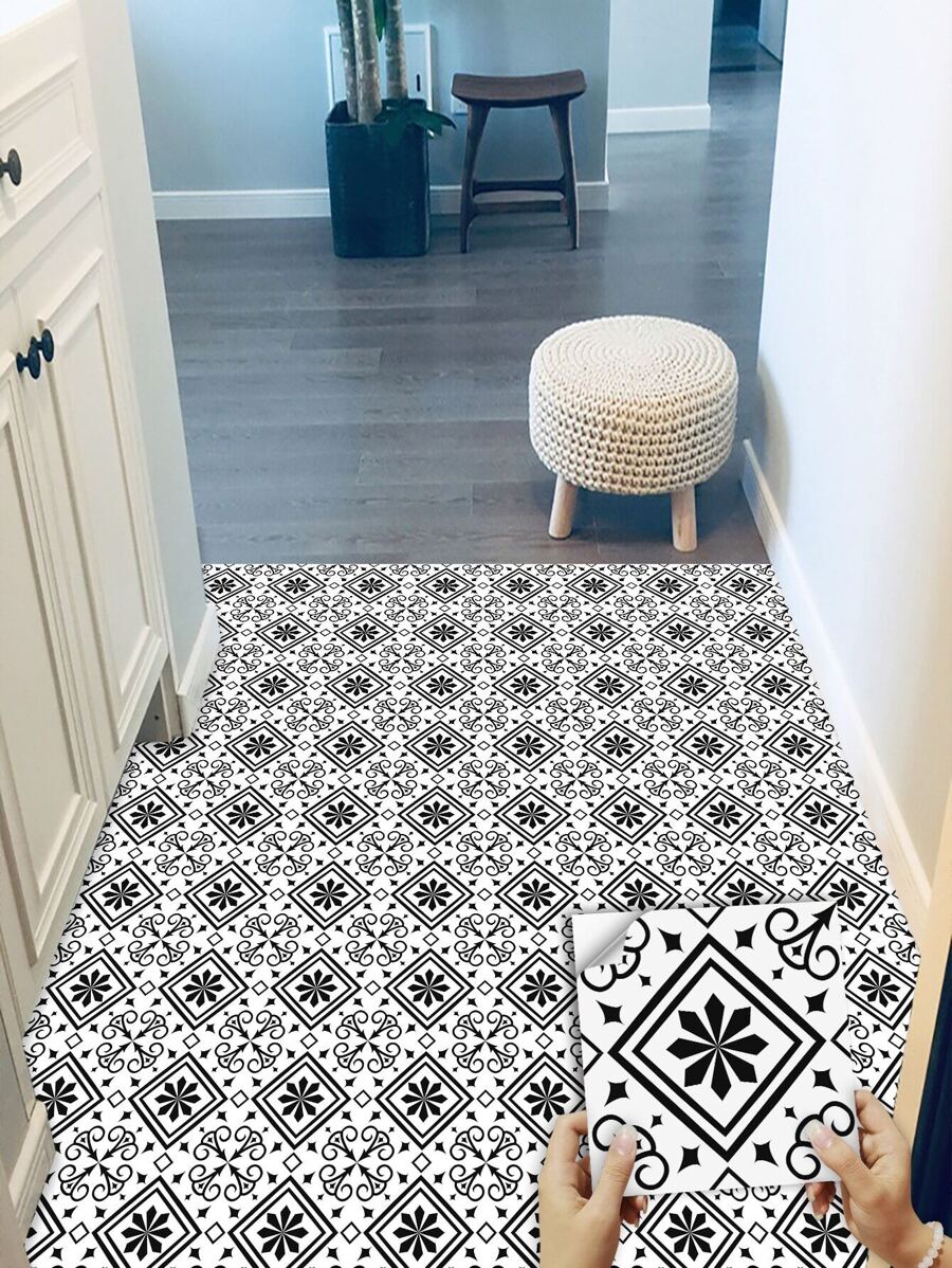 9pcs Geometric Pattern Self-adhesive Floor Stickers, Waterproof, Oil-proof - Black and White - View 1