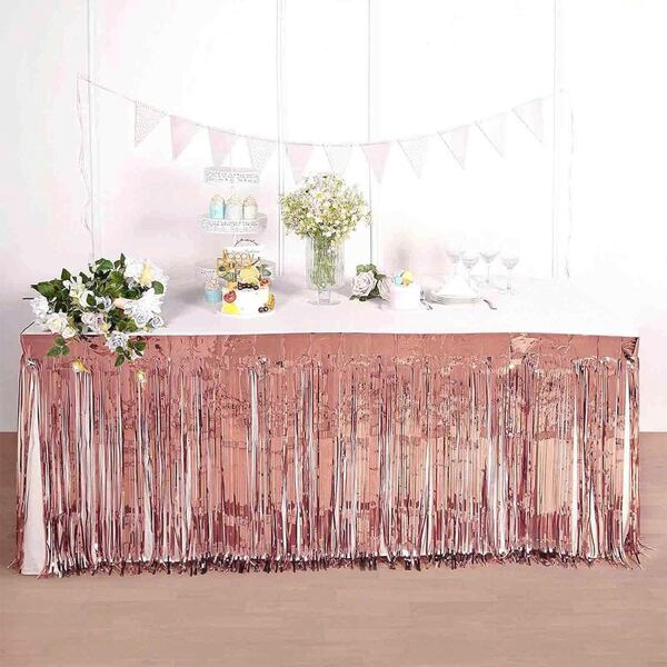1pc 75*275cm Rose Gold Metallic Tinsel Tassel Curtain, Dessert Table Skirt For Wedding, Birthday, Holiday Party, Graduation Celebration Dining Table Decor