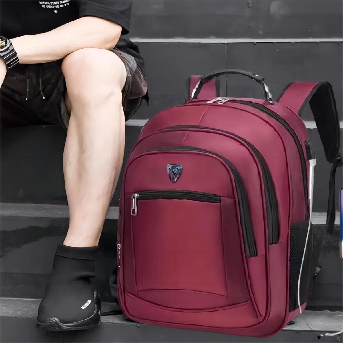 Large Capacity Men's Backpack USB Rechargeable Backpack Business Computer Bag Leisure Backpack High School Student Backpack - Red - View 1