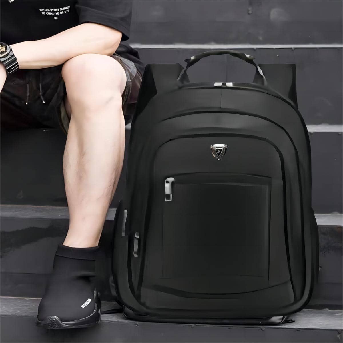 Mochila de gran capacidad para hombres mochila recargable USB bolsa de computadora de negocios mochila de ocio mochila de estudiante de secundaria - Negro - Ver 1
