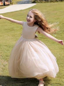 女大童香檳色婚禮花女孩洋裝,超長正式洋裝帶大蝴蝶結