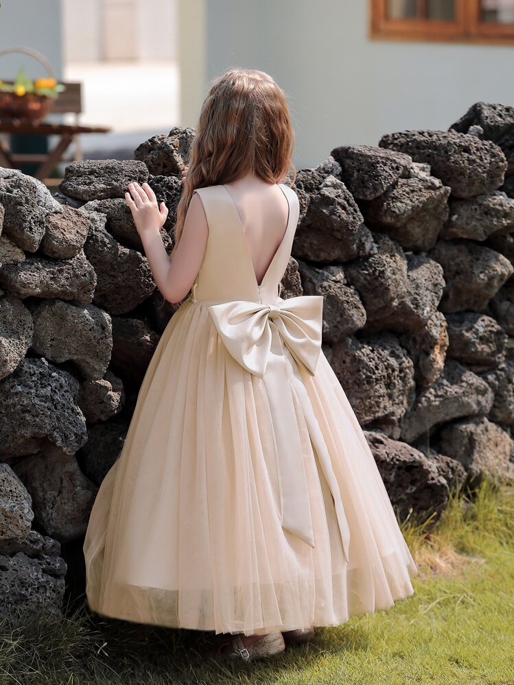 Chica preadolescente Vestido champán boda flor chica, Vestido de vestir maxi con lazo grande - Champán - Añade 4