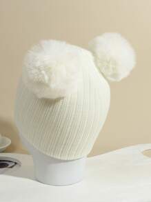 1入兒童白色針織帽子,雙球球,條紋,保暖並適合日常穿著 - 白色 - 查看 4