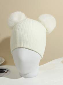 1入兒童白色針織帽子,雙球球,條紋,保暖並適合日常穿著 - 白色 - 查看 1