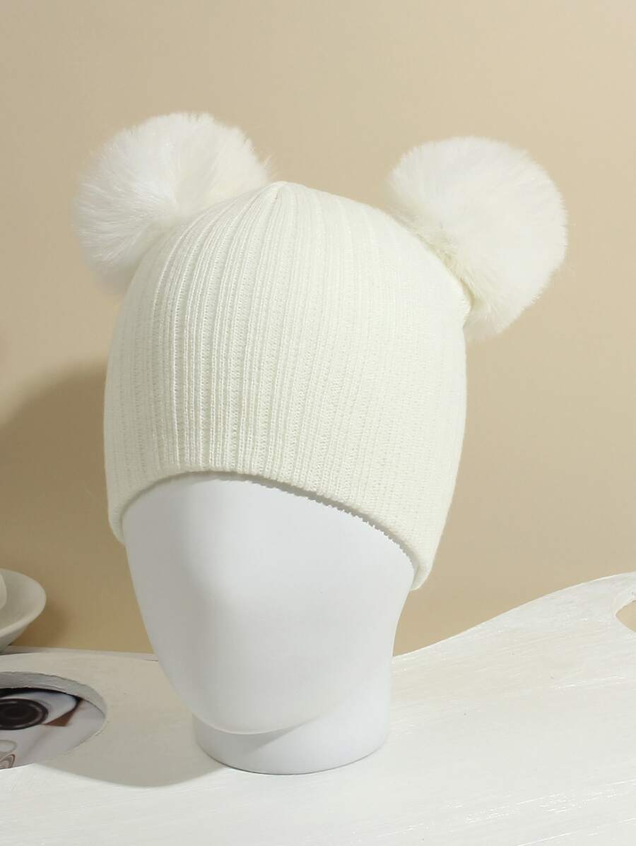 1入兒童白色針織帽子,雙球球,條紋,保暖並適合日常穿著 - 白色 - 查看 1