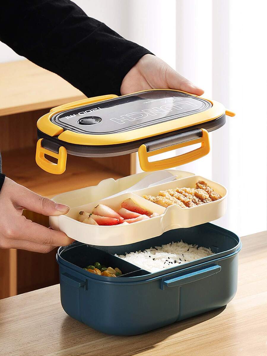 1200ml 2 Layers Portable Student Lunch Box With Fork Spoon Leakproof Thicker PP Plastic Split Lunch Box Can Be Heated In The Microwave, Kitchen, Christmas Gift - Yellow - View 1