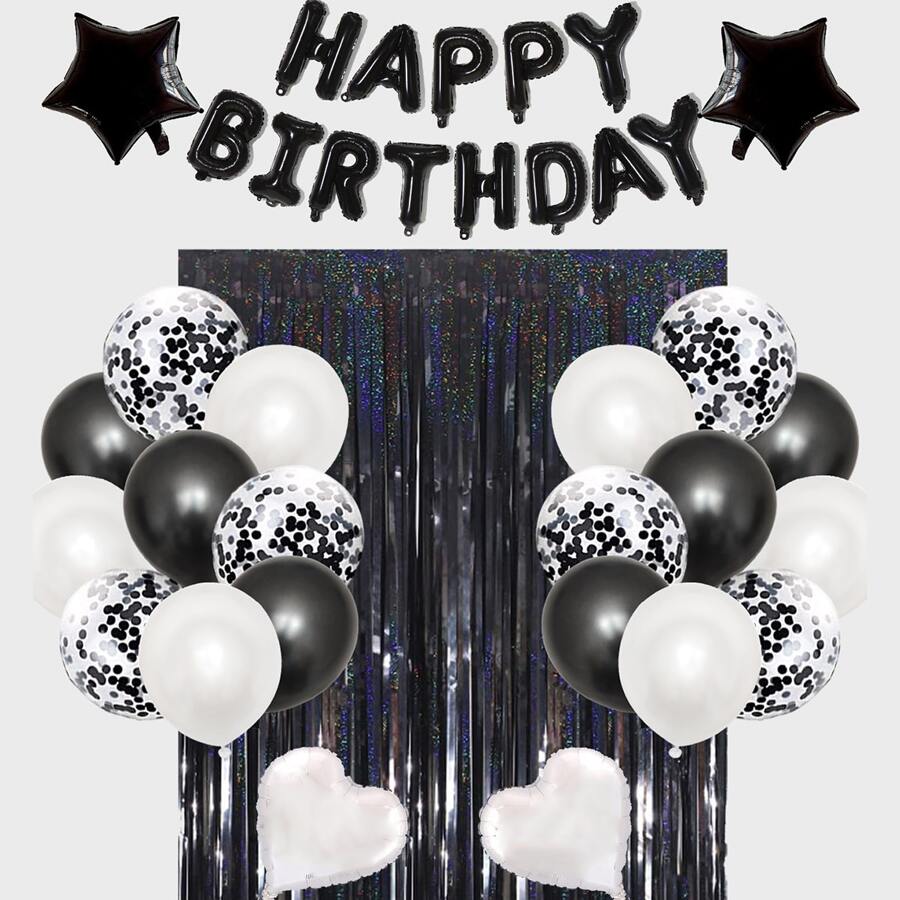 Birthday Party Decorations - Happy Birthday Balloon Banner, Gold Foil Tassel Curtain, Suitable For Men And Women, Birthday Party Decorations - Black and White - View 1