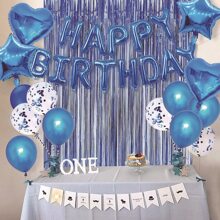 生日派对装饰 - 生日快乐气球横幅、金色箔纸流苏帘，男女皆宜，生日派对装饰 - 藍色 - 查看 7