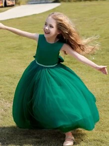 女大童派對禮服帶大蝴蝶結和毛茸茸紗短裙,黑暗綠色 - 墨綠色 - 查看 4