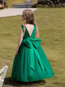 女大童派對禮服帶大蝴蝶結和毛茸茸紗短裙,黑暗綠色 - 墨綠色 - 查看 5