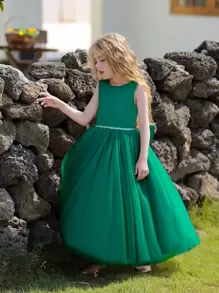 女大童派對禮服帶大蝴蝶結和毛茸茸紗短裙,黑暗綠色 - 墨綠色 - 查看 3