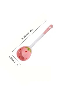 1pc Ceramic Strawberry Pattern Long-Handled Soup Spoon For Home Use, Desserts,Kitchen,Christmas Gift,School Supplies - Pink - View 2