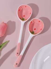 1pc Ceramic Strawberry Pattern Long-Handled Soup Spoon For Home Use, Desserts,Kitchen,Christmas Gift,School Supplies - Pink - View 3