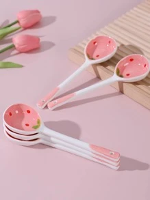 1pc Ceramic Strawberry Pattern Long-Handled Soup Spoon For Home Use, Desserts,Kitchen,Christmas Gift,School Supplies - Pink - View 4