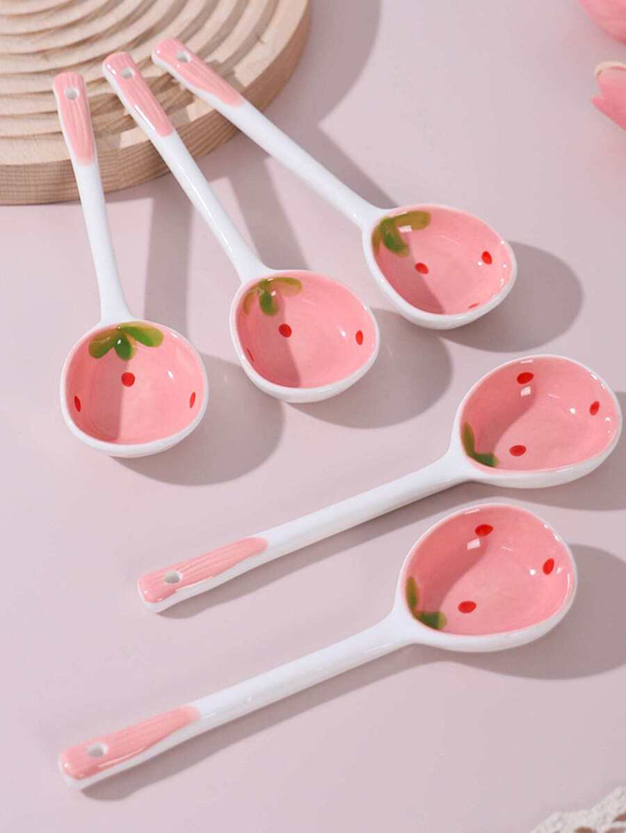 1pc Ceramic Strawberry Pattern Long-Handled Soup Spoon For Home Use, Desserts,Kitchen,Christmas Gift,School Supplies - Pink - View 1