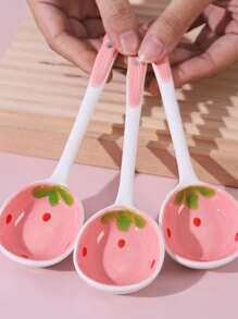 1pc Ceramic Strawberry Pattern Long-Handled Soup Spoon For Home Use, Desserts,Kitchen,Christmas Gift,School Supplies - Pink - View 7