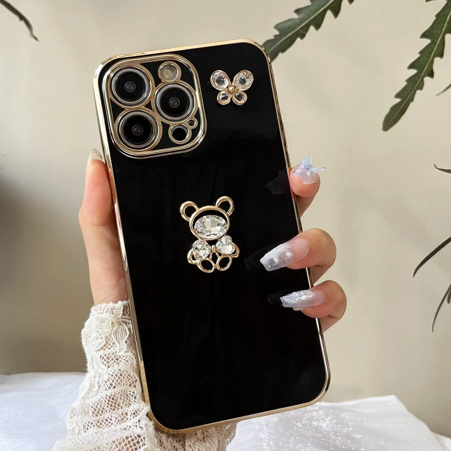 黑色镀层DIY手机壳，带金色泰迪熊和金色蝴蝶结装饰，国际版，非国内版 - 黑色 - 查看 1