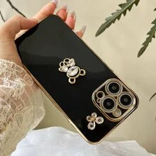 黑色镀层DIY手机壳，带金色泰迪熊和金色蝴蝶结装饰，国际版，非国内版 - 黑色 - 查看 2