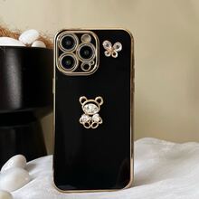 黑色镀层DIY手机壳，带金色泰迪熊和金色蝴蝶结装饰，国际版，非国内版 - 黑色 - 查看 5