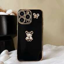 黑色镀层DIY手机壳，带金色泰迪熊和金色蝴蝶结装饰，国际版，非国内版 - 黑色 - 查看 8