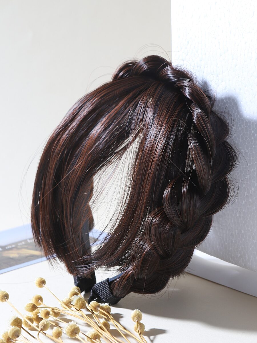 1pc Untraced Fishbone Braid Hairband With Bangs & Forehead Wig Piece - Coffee Brown - View 1