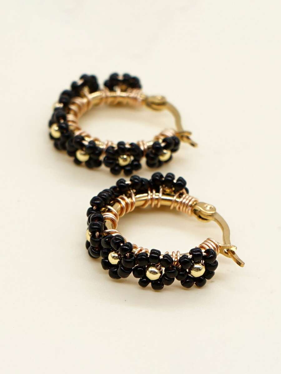 1 đôi Phong cách Bohemian Đen Kết cườm Giống cúc Vòng khuyên tai Thích hợp Đối với Quý cô Mặc hàng ngày - màu đen - Xem 1