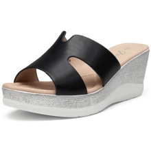 Women's Sandals Platform Peep Toe Wedge High Heel Slip On Shoes - 黑色 - 查看 1