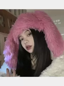1入組女孩可愛厚兔耳毛絨帽帶護耳保暖千年風格粉紅色，秋冬 - 玫紅色 - 查看 2