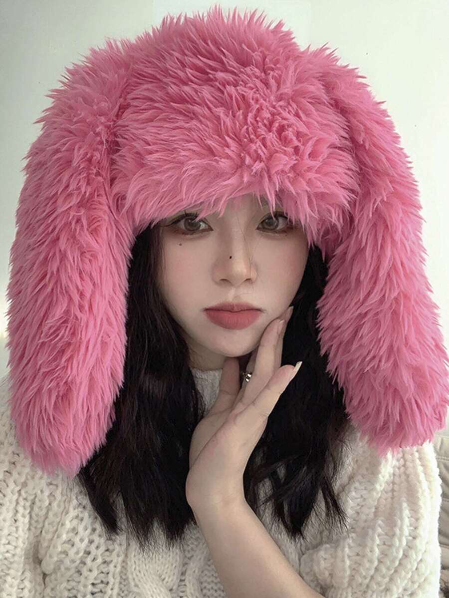 1入組女孩可愛厚兔耳毛絨帽帶護耳保暖千年風格粉紅色，秋冬 - 玫紅色 - 查看 1